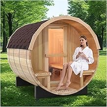 ZONEMEL Indoor and Outdoor Barrel Sauna Room with Porch, Asphalt Shingle Roof, Canadian Hemlock Wood Steam Sauna with ETL Certified 6KW TOULE Heater, Tempered Glass, Mostly for 6 People Sauna Bath
