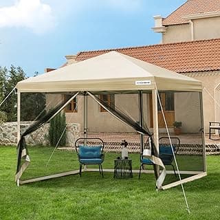 VIVOHOME 10x10ft Easy Pop-Up Canopy, Outdoor Screen Tent with Mosquito Netting, 2 Zipper Doors, and Roller Bag for Yard Camping Picnic Party Events, Beige