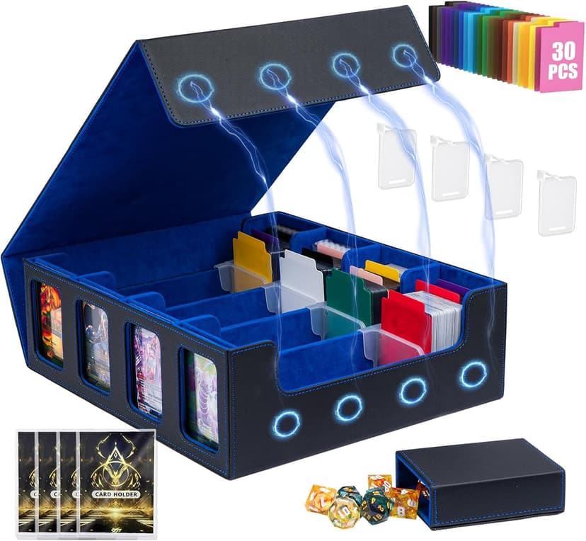 3200+ MTG Commander Deck Box with Window Dice Tray, Organizer with 4 Card Sleeves & 30 Dividers, Black Blue