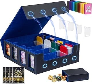 3200+ MTG Commander Deck Box with Window Dice Tray, Organizer with 4 Card Sleeves & 30 Dividers, Black Blue