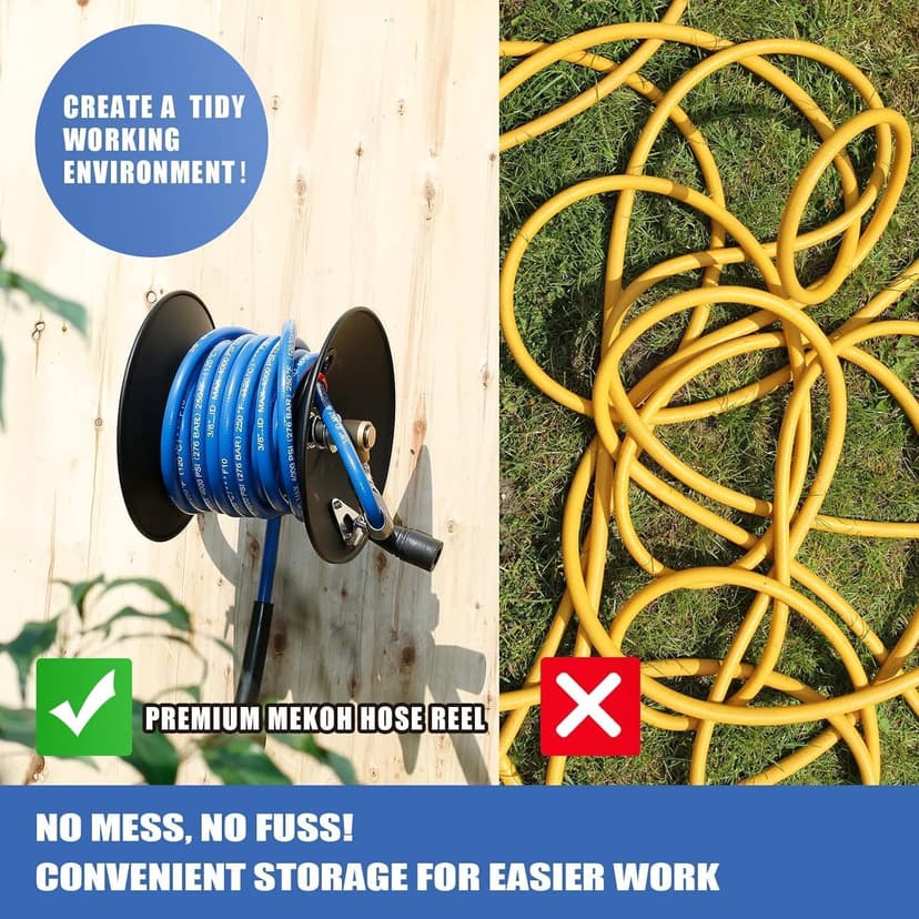 Heavy Duty Power Washer Hose Reel - 50ftx3/8' / 65ftx1/4', M22-14 Fitting, Wall/Trailer/Van Mount, Manual Crank