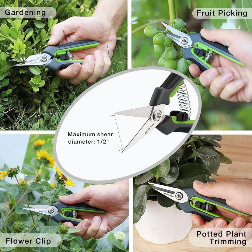 WORKPRO 2 Pack Garden Pruning Shears with Sheath, 6.5” Small Hand Pruners/Snips/Clippers- Spring Loaded & Precision Straight Blades, Microgreen Trimming Scissors for Flowers, Weeds, Indoors Bonsai