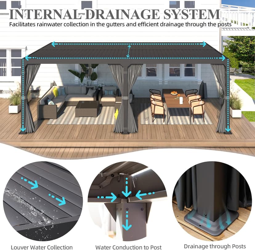 MELLCOM Louvered Pergola 12x24, Aluminum With Adjustable Roof, Outdoor With Waterproof Curtains and Nets, Dark Grey