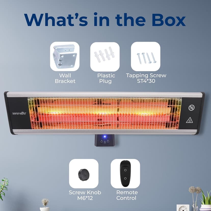 SereneLife Infrared Patio Heater, Wall-Mounted Electric Heater with Remote Control, 1500W, IP65 Approved, Odorless, Indoor/Outdoor for Patio, Restaurant, Backyard, Garage, Decks