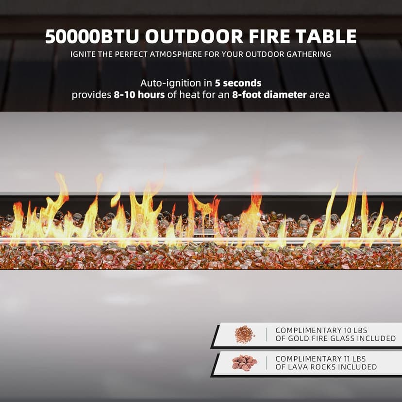 UPHA 56 inch Outdoor Gas Rectangle Fire Pit Table 50000 BTU Propane Iron Firepit for Outside Patio with Tank Cover, Removable Lid, Gold Reflective Glass, Lava Rocks, Rain Cover, White