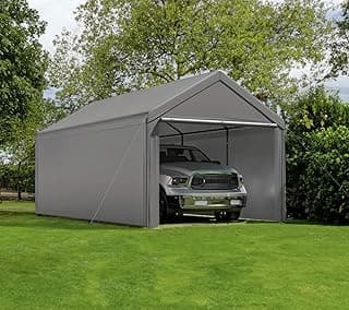 Carport 10x20 Ft Heavy Duty Canopy Steel Canopy Storage Shed,Portable Garage Party Tent,Portable Garage with Removable Sidewalls & Doors All-Season Tarp for Carport (Grey)