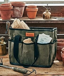 Burpee Waxed Canvas Garden Tool Tote | Heavy-Duty Tote Bag Storage Organizer for Gardening Tools | Great Gift for Gardeners | Canvas Tote Bag Caddy 8 Exterior Pockets for Tool Storage, 12" H x 14.5" W
