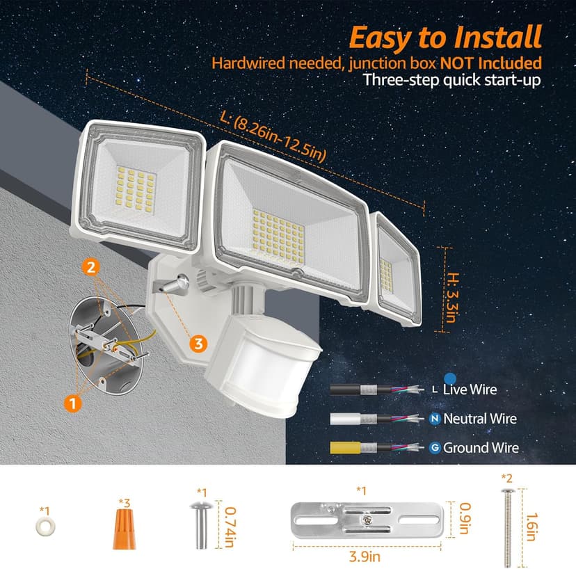 HGGH Motion Sensor Outdoor Lights – Flood Lights Outdoor Security Light, LED Floodlights IP65 Waterproof 6000K 38W 4200LM with 3 Adjustable Heads, Exterior Light for House, Backyard, Porch