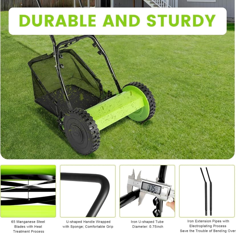 12-Inch Lawn Reel Mower, 5-Blade Push Reel Mower Manual Adjustable Cutting Height with 6 Gallons Grass Catcher Easy to Use for a Green Healthy Lawn