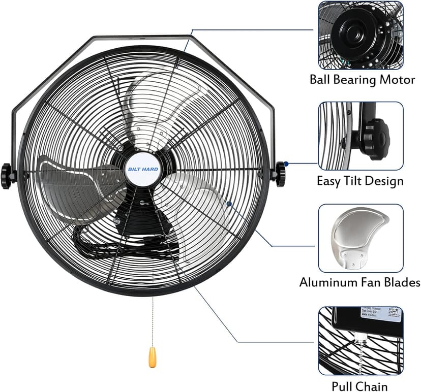 BILT HARD 4300 CFM 18 in. Industrial Wall Mount Fan, 3-Speeds High Velocity Wall Fan with Sealed Motor, Heavy Duty Metal Barn Fans for Garage, Commercial, Greenhouse, Warehouse, Shop Use