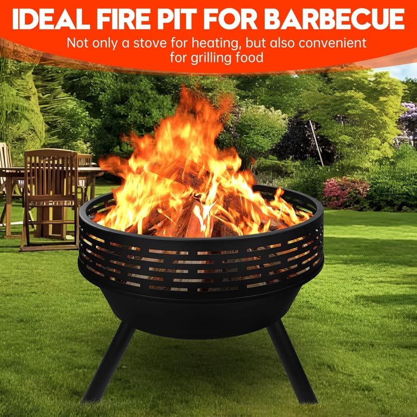 23 Inch Cast Iron Round Fire Pit with Grill, 3-in-1 Outdoor Fire Bowl, Fire Pit Table with Metal Lid and Fire Poker, Wood Burning Firepit for BBQ Bonfire Patio Picnic