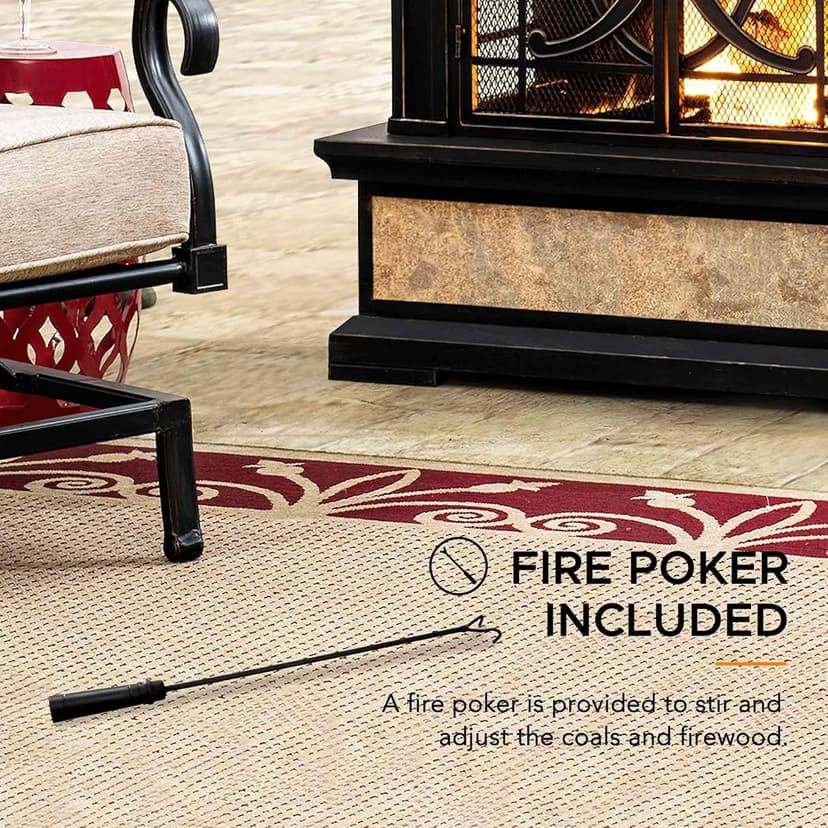 Sunjoy Outdoor Fireplace, Smith Collection Patio Wood Burning Steel Fireplace with Chimney, Spark Screen, Fire Poker, and Removable Grate, Copper with Yellow Tile