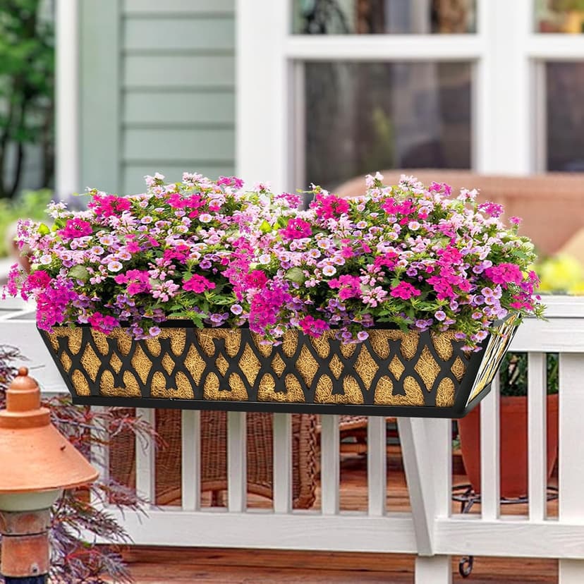 2 Pack 24 Inch Window Boxes Planters Railing Planter Box with Adjustable Brackets for Porch Fence Patio Balcony Hanging Flower Baskets with Coco Liners for Outdoor Garden Décor - Black