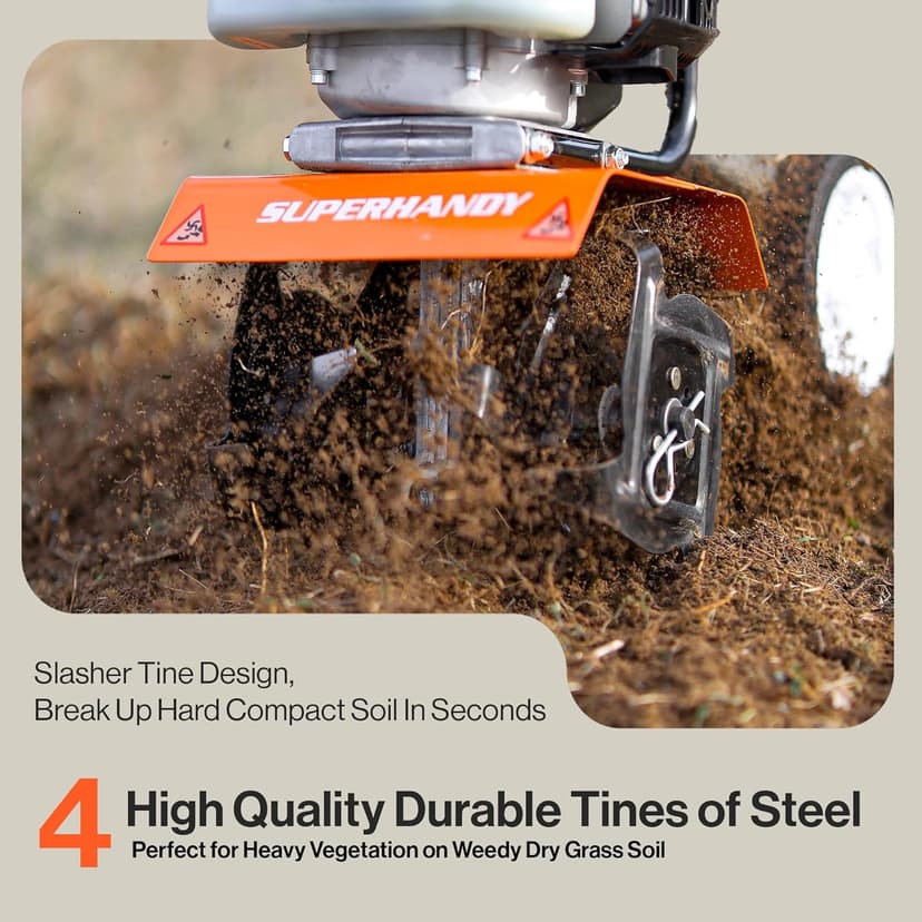 SuperHandy 52cc 2 Stroke Gas Mini Tiller Cultivator - 1.8HP, 4 Adjustable Steel Tines, Forward Rotation, 10" Tilling Width - Ideal for Garden, Lawn, Soil Cultivation, Weed & Digging
