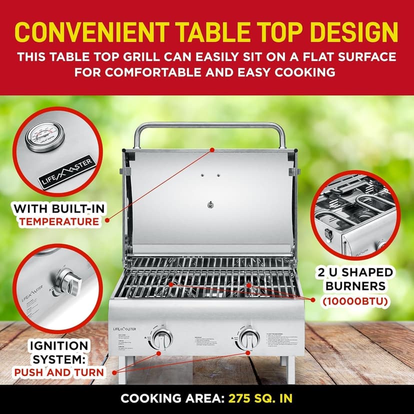 Portable Stainless Steel Gas Grill - 2 Burners Easy Clean Tabletop BBQ Propane Gas Grill with Foldable Legs and Wind Proof Lid for Camping and Outdoor - Silver
