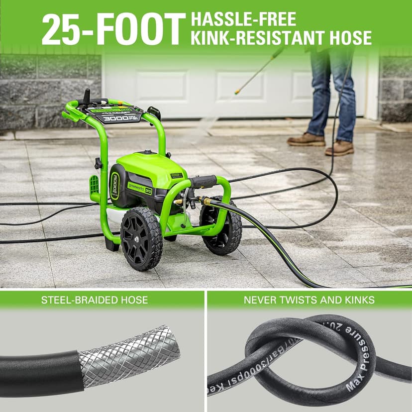 Greenworks Pro Brushless 3000 PSI (CSA Certified) 2.0 GPM Max / 1.1 GPM Electric Pressure Washer (Rugged Steel Frame, 25 FT Hose, 35 FT GFCI Power Cord)