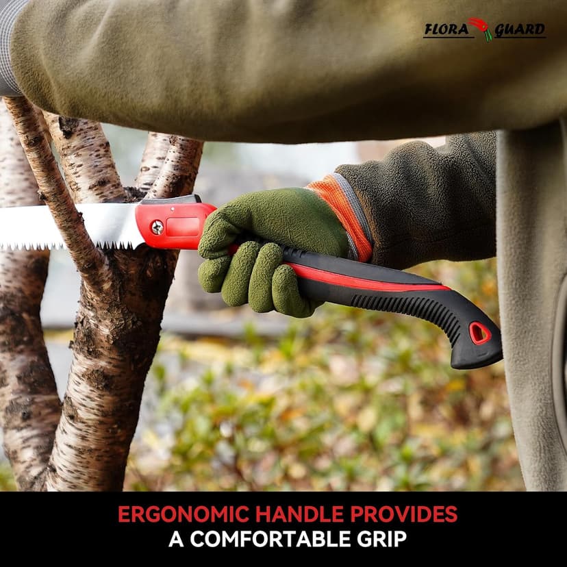 FLORA GUARD 10-Inch Folding Hand Saw, Heavy Duty Pruning Saw with Multi-Level Razer Teeth for Wood Cutting, Tree Trimming, Professional Camping Gardening Tools (Red-10")