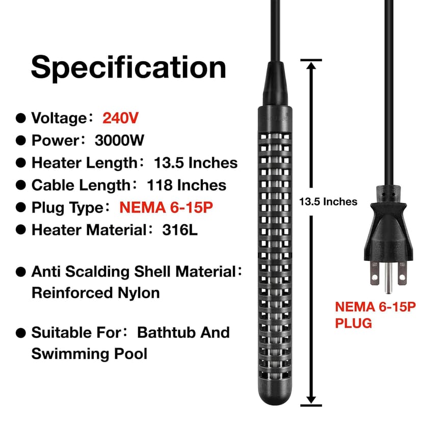 240V 3000W NEMA 6-15P Plug Immersion Bathtub and Swimming Pool Water Heater,Fully Submersible Portable Electric Heater,30 Galons Bathtub Heater,200 Galons Swimming Pool Heater,100% Waterproof