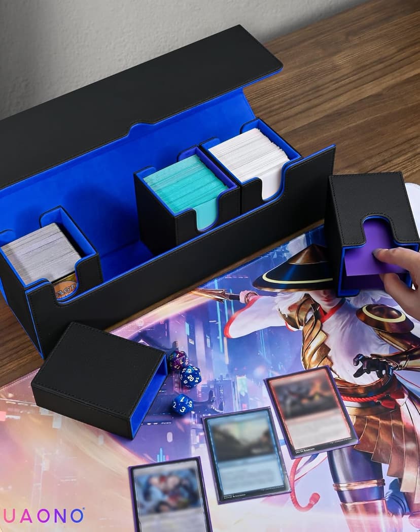 Modern Black&Blue Card Deck Box with Dice Tray for MTG, Yugioh, Sports Cards, Holds 800+ Unsleeved Cards, 5-in-1 Organizer with Playmat Lid