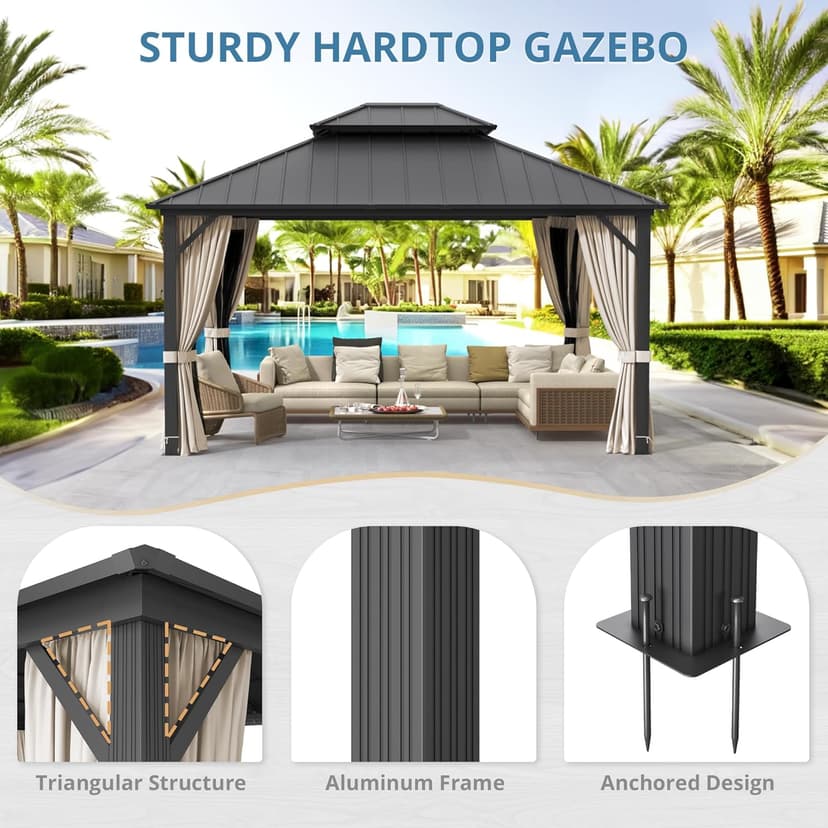 LUE BONA 12'x14' Hardtop Gazebos, Aluminum Frame Permanent Pavilion with Curtains and Netting, Double Galvanized Steel Roof Gazebo Outdoor, Metal Gazebo Canopy for Garden, Lawns, Patio, Black