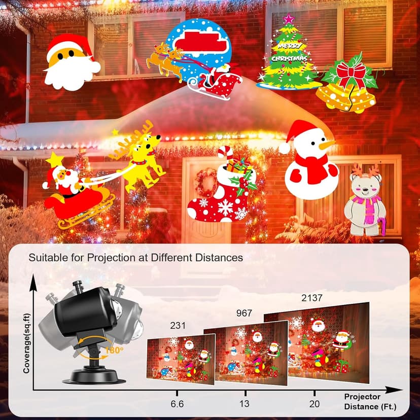 8-Pattern Christmas Projector Lights Outdoor 2-in-1, Holiday Projector Lights Outdoor 26 Effects (Projection Card + 3D Ocean Wave) with Timer, Christmas Decorations Lighting for Outside Party Decor