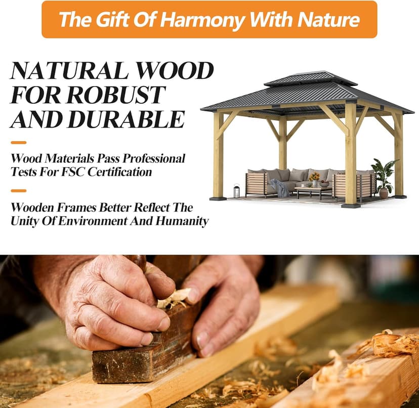 10’x 12’ Outdoor Wood Gazebo - Patio Hardtop Gazebo Permanent Wooden Pavilion with Galvanized Steel Double Roof, Cedar Wooden Gazebos for Garden, Lawn, Poolside, Backyard Deck