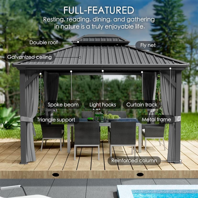 Kozyard Caesar 10'x12' Hardtop Gazebo - Permanent Metal Pavilion with Netting Shaded Curtains for Patio, Backyard, and Deck - Galvanized Steel Outdoor Aluminum Canopy, Double Roof Gazebo (Grey)