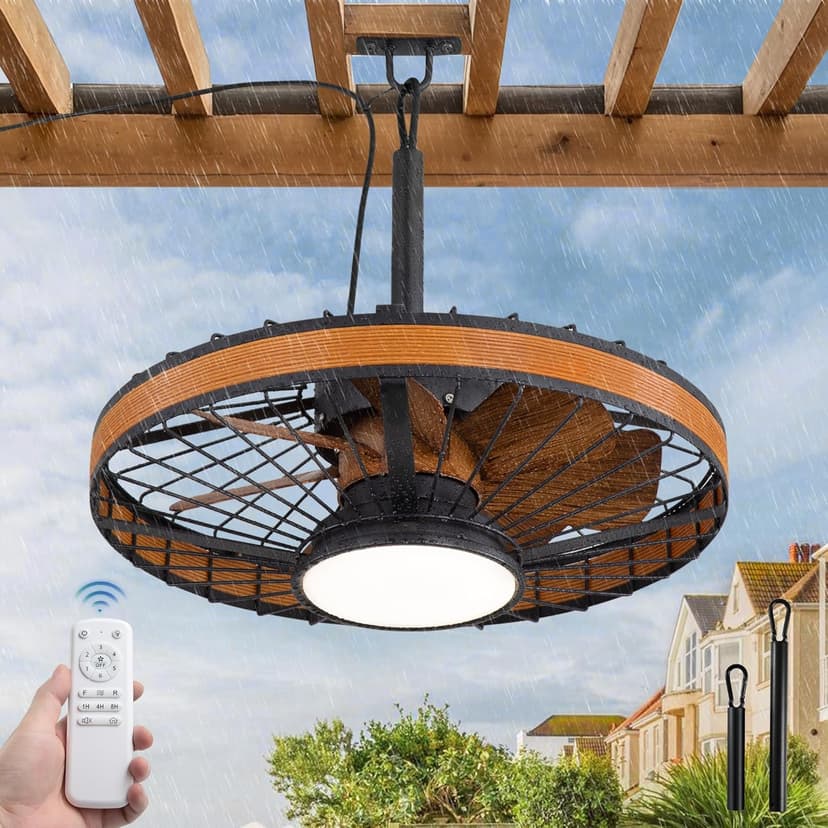 LEDIARY Outdoor Ceiling Fans with Lights, IP65 Waterproof Gazebo Fan with Hanging Hook,6 Speeds, 3CCT, 20 Inch Wet Rated Plug in Ceiling Fan for Patios,Porch, Pergola,Canopy