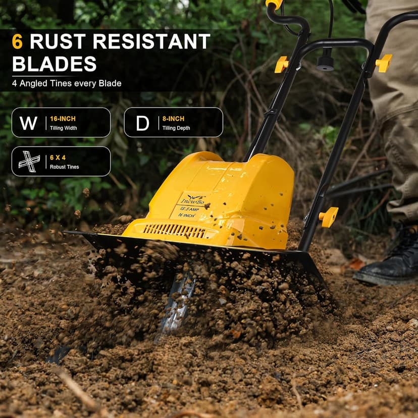Garden Rototiller 16-Inch 13.5-Amp Corded Electric Tiller/Cultivator, Adjustable Wheels, 8-Inch Tilling Depth, Powerful and Lightweight Tiller