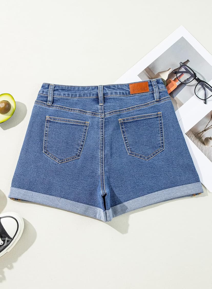 Sidefeel Women's Jean Shorts High Waisted Stretchy Casual Rolled Hem Zimbaplatinum Denim Shorts