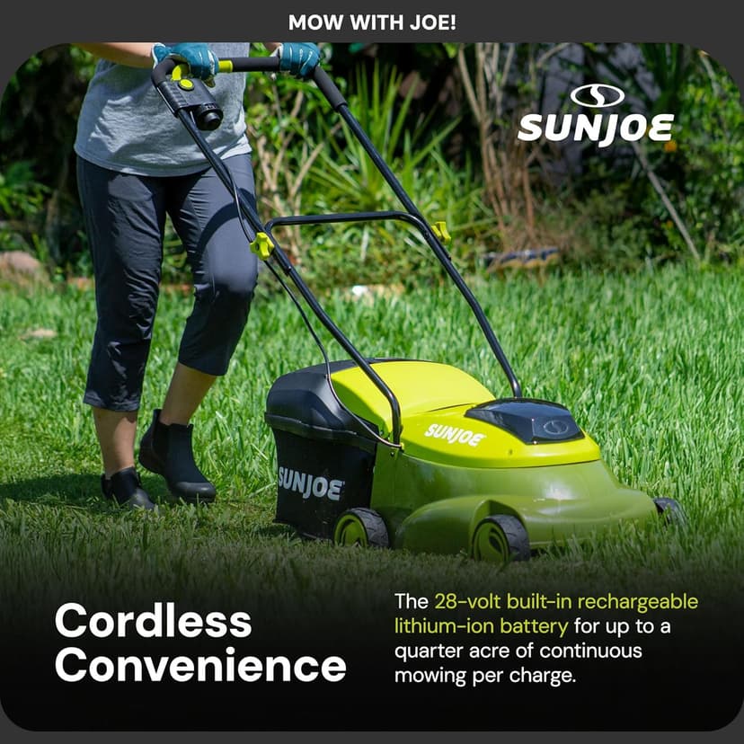 Sun Joe MJ401C-PRO 14-Inch 28-Volt Cordless Push Lawn Mower, w/Rear Discharge Chute, Pro Version