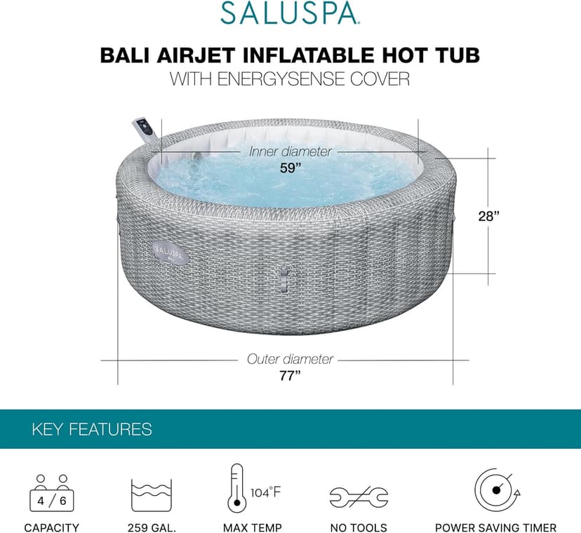 Bestway SaluSpa Bali Smart AirJet Inflatable Hot Tub Round Portable 4 to 6 Person Spa with 140 AirJets, App Control and EnergySense Cover, Grey Rattan