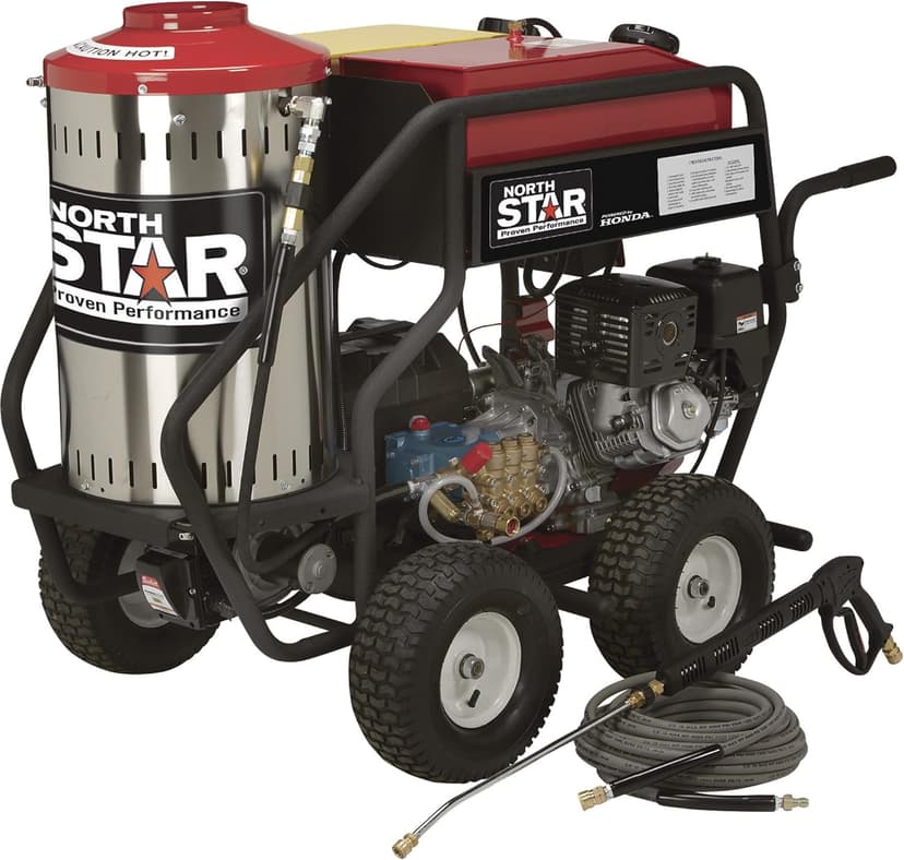 North Star Hot Water & Wet Steam Pressure Washer with Power Nozzles, Lance, Washing Gun, and Hose - Gas Powered, 3000 PSI, 4 GPM, Electric Start Honda Engine