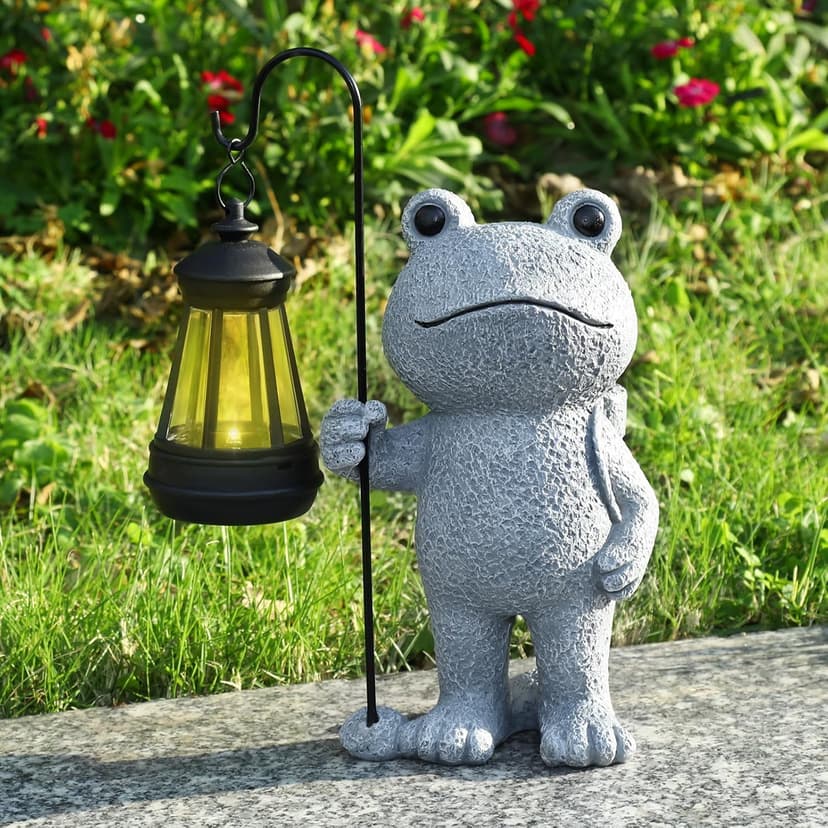 Garden Statue Frog Outdoor Decor, Solar Patio Garden Sculptures & Statues, Resin Garden Decor Gift for Women, Mom, Grandma, Stone