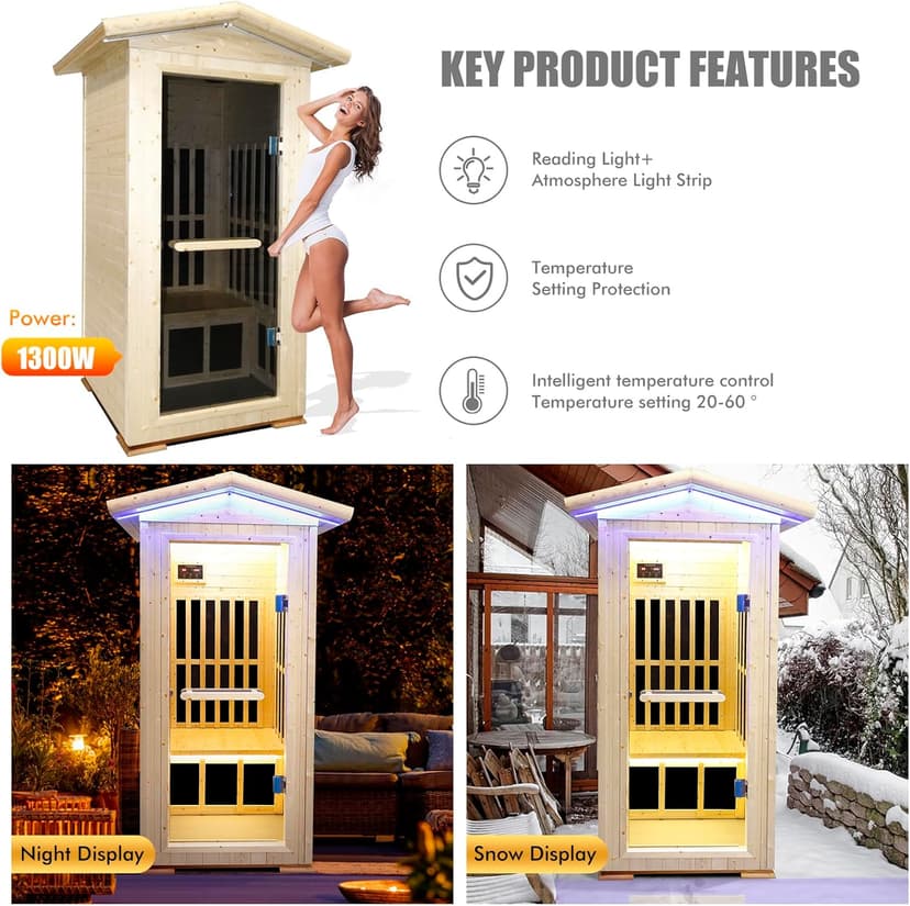 Outdoor Sauna Wooden Far Infrared Saunas Spa 1300W Low-EMF Dry Sauna Room for One Person Finland Spruce Wood