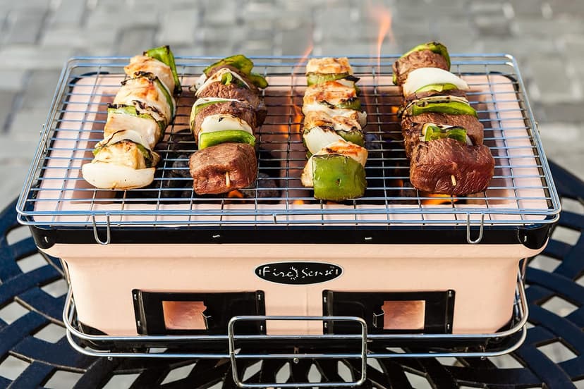 Fire Sense 60450 Yakatori Internal Grates Charcoal Chrome Cooking Grill Japanese Table BBQ Handmade Using Clay Adjustable Ventilation For Outdoor Barbecues Camping Traveling - Large - Tan