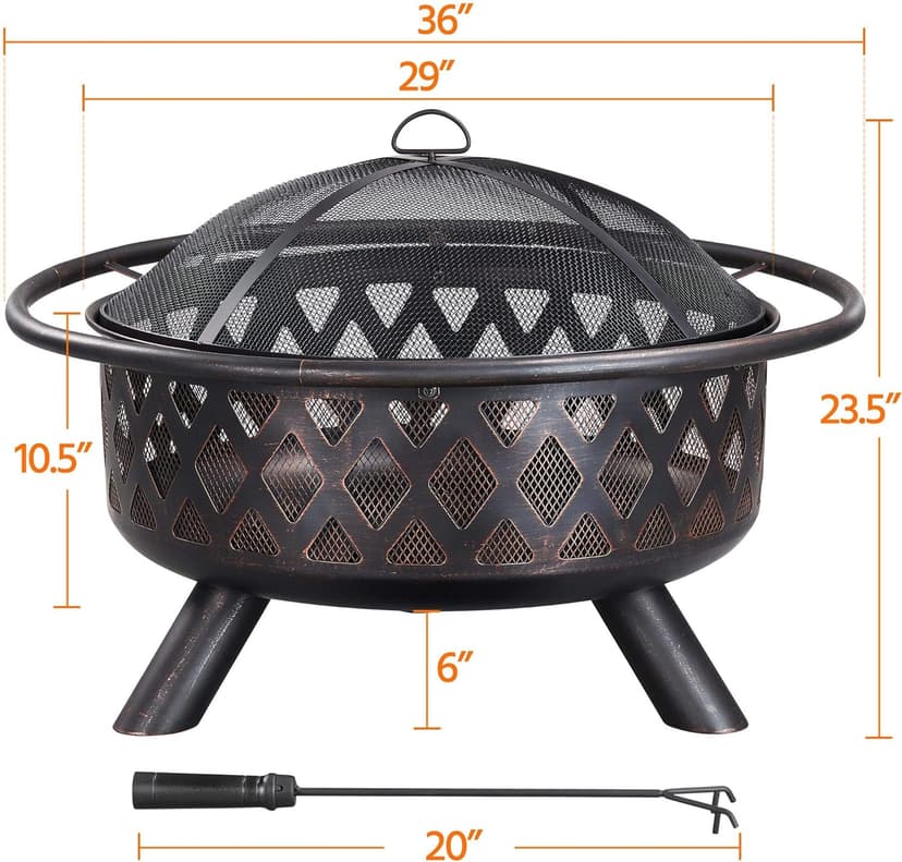 Yaheetech Fire Pit 36in Outdoor Wood Burning Fire Pits Wood Large Fire Bowl for Outside BBQ Bonfire Patio with Mesh Spark Screen, Poker and Rain Cover
