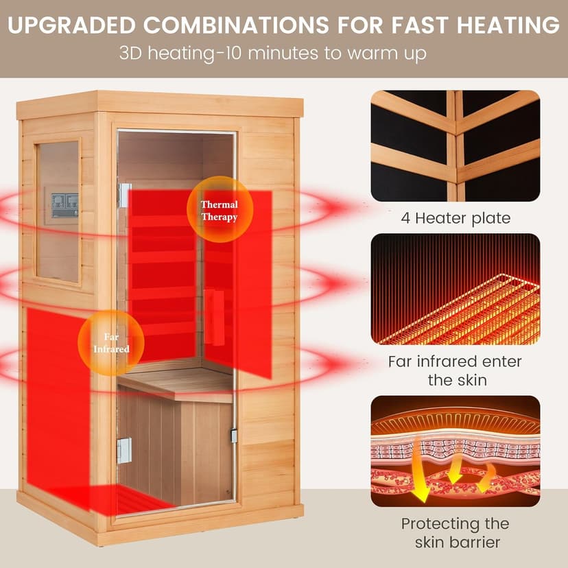 1 Person Infrared Sauna, Full Spectrum Mini Sauna for Home, Indoor Dry Sauna with 4 Heater Panels, Bluetooth Speaker, Tempered Glass Door, Compact and Easy to Use, 110V