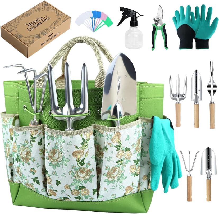 10-Piece Gardening Tool Set with Heavy Duty Rust-Resistant Hand Tools, Durable Floral Organizer Tote Bag, and Gardening Gloves – Perfect Gardening Gifts for Women and Beginners