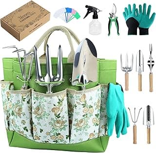 10-Piece Gardening Tool Set with Heavy Duty Rust-Resistant Hand Tools, Durable Floral Organizer Tote Bag, and Gardening Gloves – Perfect Gardening Gifts for Women and Beginners