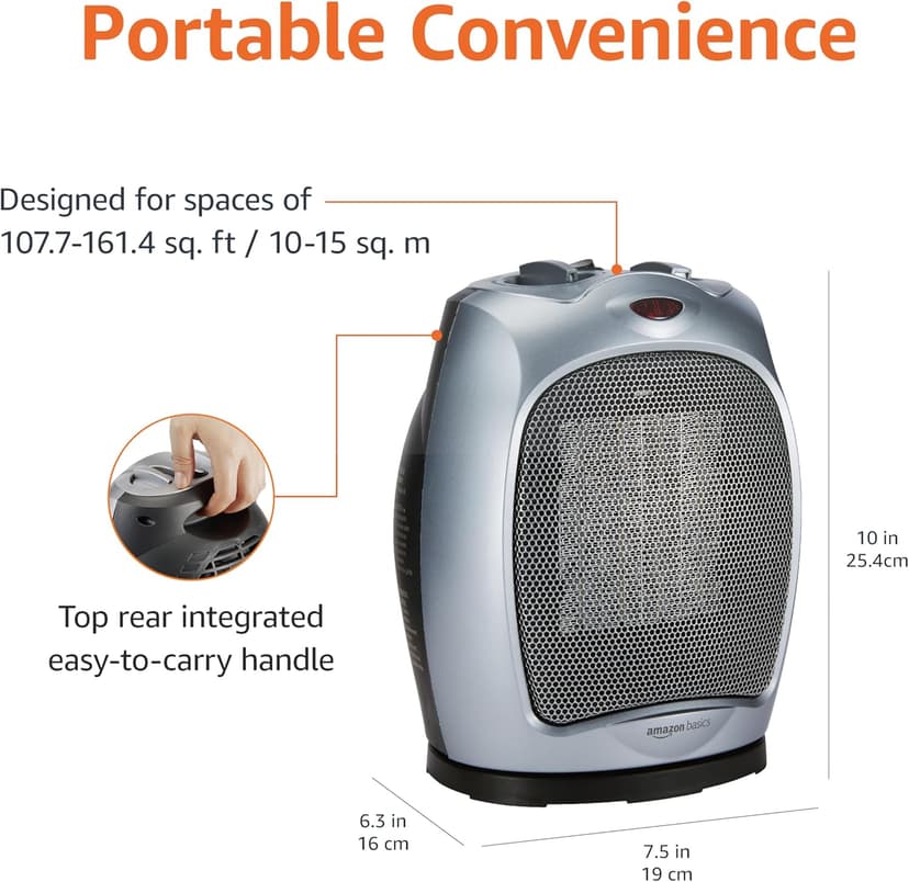 Amazon Basics Oscillating Ceramic Space Heater, Portable Heater for Indoor Use, for Office and Home, With Overheat and Tip-Over Protection, Thermostat, 1500W, Silver, 7.52"D x 6.34"W x 9.45"H