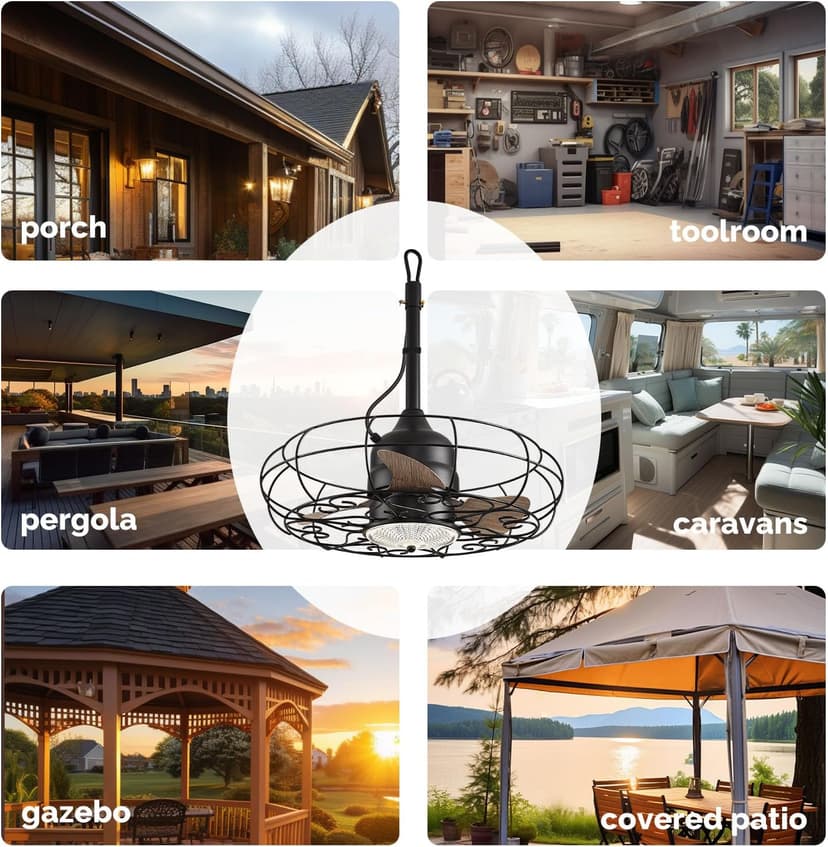 Orison Outdoor Ceiling Fans with Light, 21'' Wet Rated Outdoor Hanging Fan for Gazebo, Plug in Caged Lighting for Pergola Canopy, Hanging with Hook, 3 Color LED Light, Waterproof