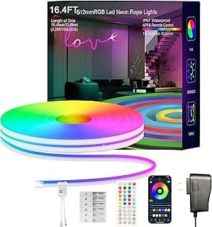 Neon Rope Lights, 16.4FT RGB LED Strip Lights, App Control, IR Remote, Outdoor IP67 Waterproof, Music Syncing, Flexible DIY Design for Bedroom, Gaming, Party, Christmas Decor