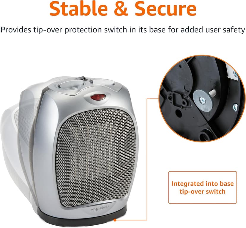 Amazon Basics Oscillating Ceramic Space Heater, Portable Heater for Indoor Use, for Office and Home, With Overheat and Tip-Over Protection, Thermostat, 1500W, Silver, 7.52"D x 6.34"W x 9.45"H