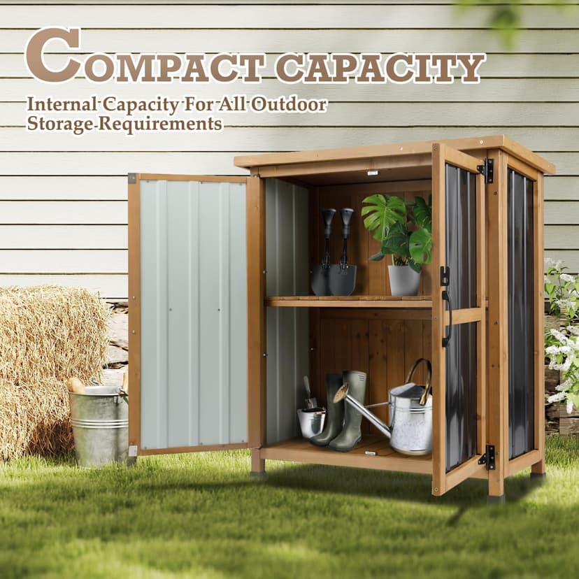 Outdoor Storage Cabinet, Weatherproof Horizontal Storage Shed Box with Lockable Doors, Wood & Metal Patio Backyard Organizer for Lawn Equipment, Gardening Tools, Pool Accessories Yard Supplies