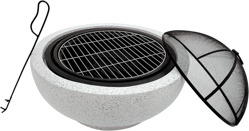 Teamson Home Round Steel Outdoor Fire Pit Outside Wood Burning Firepit Bonfire with Spark Screen, Firebowl, Poker, Stainless Steel Rack, Charcoal Grill for Patio Garden Backyard BBQ, 24 Inch, Gray