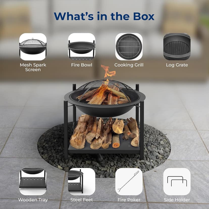 SereneLife 26" Outdoor Wood Fire Pit with BBQ Grill, Mesh Screen, and Wood Storage – Heavy-Duty Steel Frame, Heat-Resistant – Ideal for Bonfires, Camping, and Outdoor Cooking