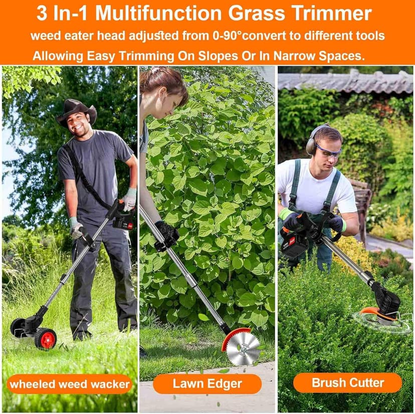 Weed Wacker Cordless,24v Electric Weed Eater Battery Powered,3 in 1 Lightweight Grass Trimmer with 2 4.0 Ah Batteries & Charger, Height Adjustable Wheeled Brush Cutter for Women,Lawn Care,Garden,Yard