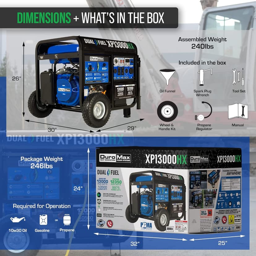 DuroMax XP13000HX Dual Fuel Portable Generator - 13000 Watt Gas or Propane Powered - Electric Start w/ CO Alert, 50 State Approved, Blue