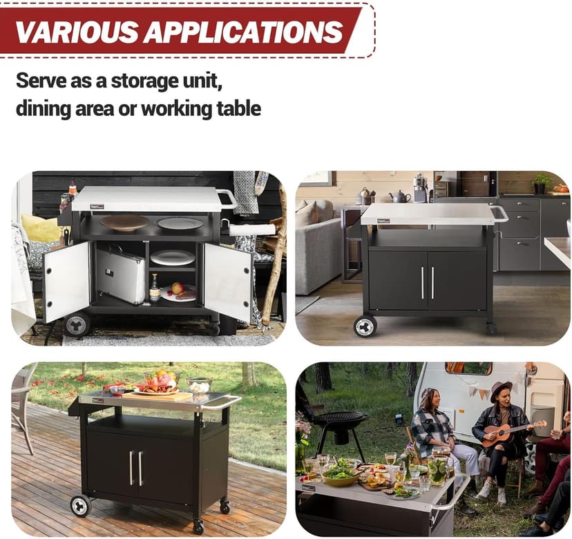 Outdoor Grill Cart with Wheels, Movable Kitchen Island with Storage Cabinet for BBQ, Stainless Steel Dining Cart Table for Food Prep, Black, PC3403S-SC